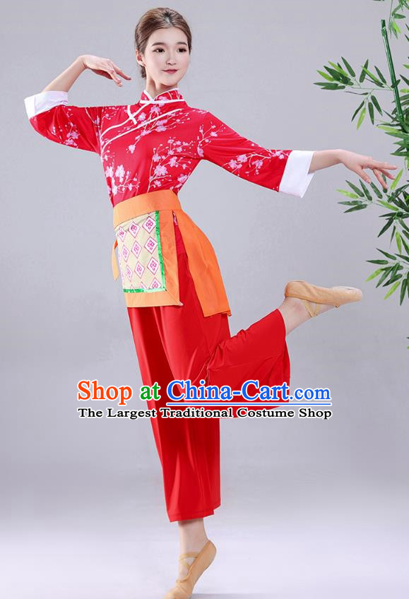 Red Tea Picking Female Dance Costumes Bamboo Hats Yangko Costumes Adult Village Girl Costumes Ethnic Style Costumes