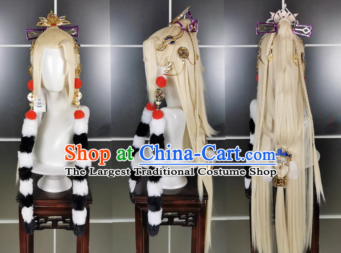 Indra Monkey Gold Female Wig Headdress Sword Three Cosplay Wig Headgear Blonde Hair