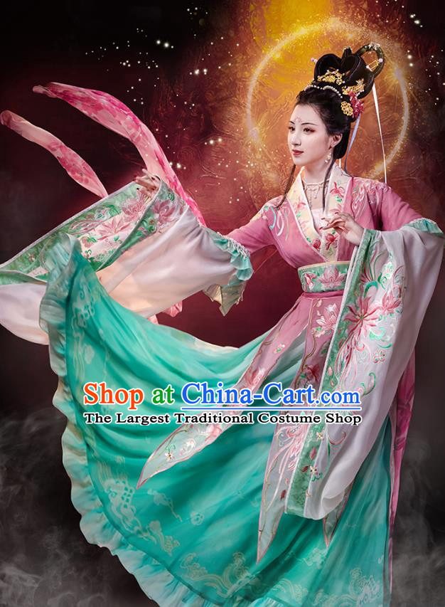 China Jin Dynasty Historical Costumes Embroidered Hanfu Dress Ancient Goddess Green Clothing