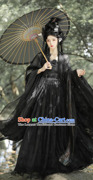 China Ancient Dark Angel Clothing Tang Dynasty Young Lady Costumes Traditional Hanfu Black Hezi Dress