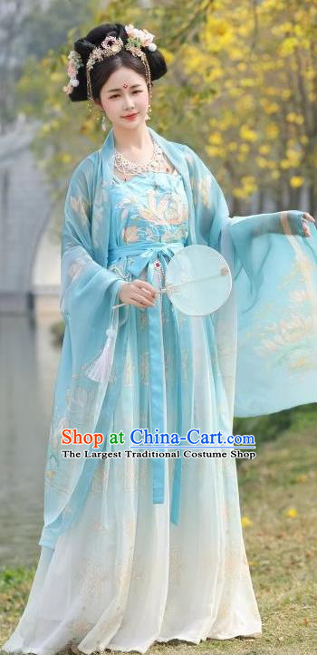 China Tang Dynasty Princess Clothing Ancient Court Lady Costumes Plus Size Hanfu Blue Embroidered Hezi Ruqun