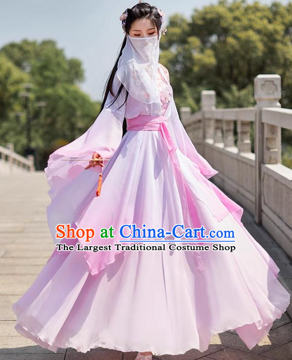 Pink Hanfu Embroidered Dress China Ming Dynasty Young Woman Clothing Ancient Fairy Dance Costume