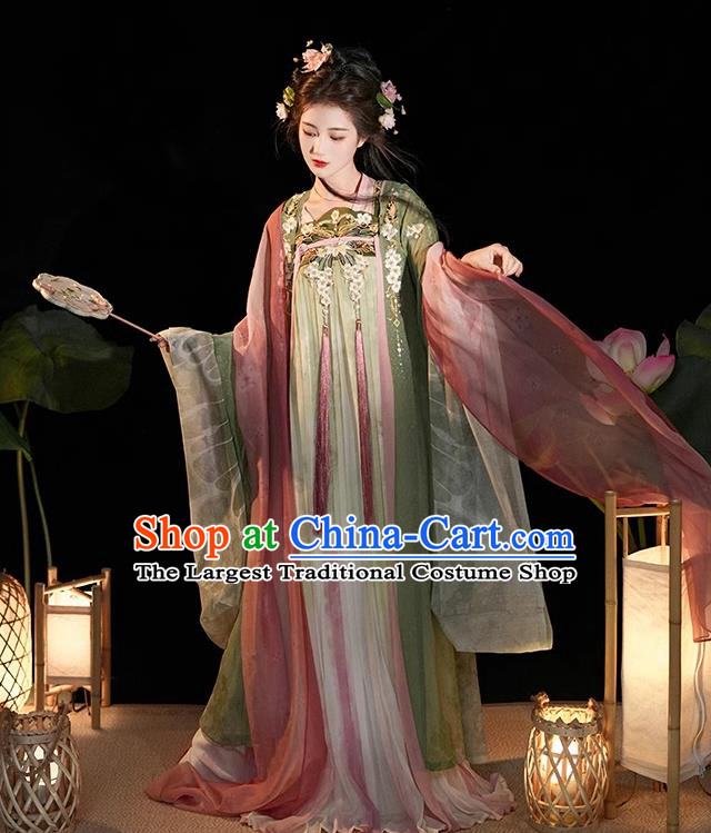 China Ancient Flower Fairy Clothing Tang Dynasty Royal Princess Costumes Traditional Green Hanfu Dresses