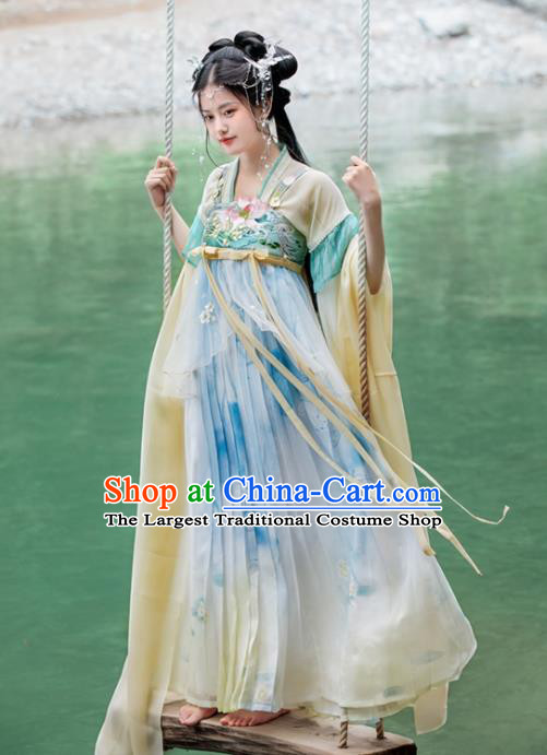 China Tang Dynasty Young Lady Costumes Traditional Light Blue Hanfu Dresses Ancient Goddess Clothing