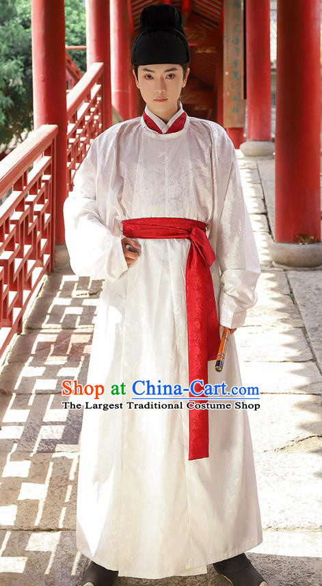 China Hanfu White Round Collar Robe Ancient Swordsman Clothing Tang Dynasty Historical Costume