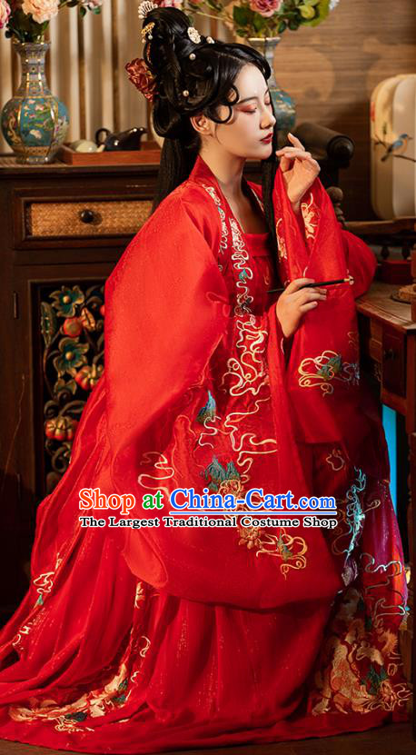 China Hanfu Embroidered Wedding Dress Ancient Bride Red Clothing Song Dynasty Princess Replica Costumes