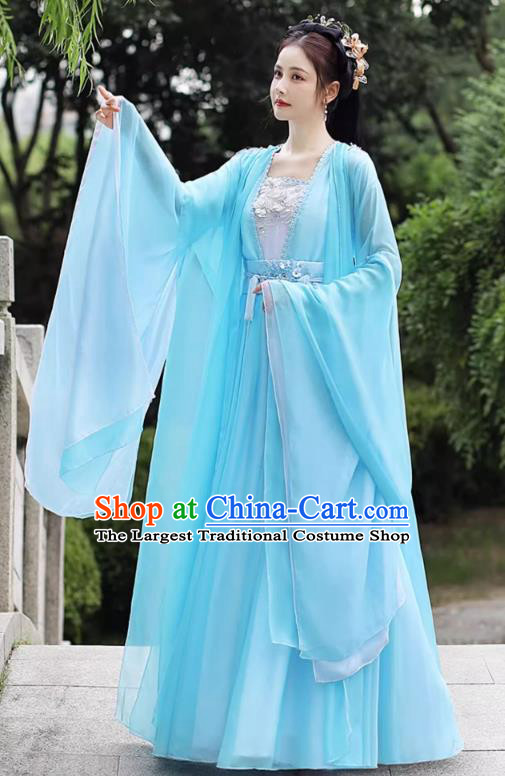 China Traditional Hanfu Classical Dance Clothing Blue Wide Sleeve Flow Fairy Dress Ancient Goddess Chang E Costume