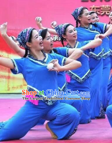 China Folk Dance Blue Outfit Traditional Yangko Dance Clothing Hakka Style Girl Costume