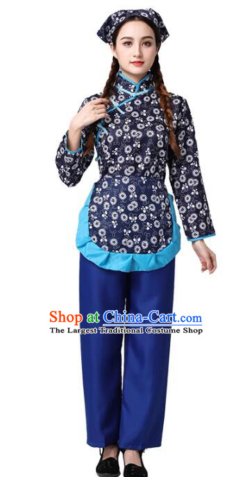 China Hakka Style Village Girl Costume  Folk Dance Blue Outfit Traditional Yangko Picking Tea Performance Clothing