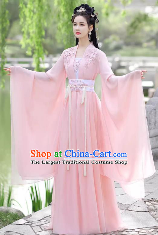 China Ancient Clothing Traditional Wide Sleeve Pink Hanfu Dress Tang Dynasty Princess Costume