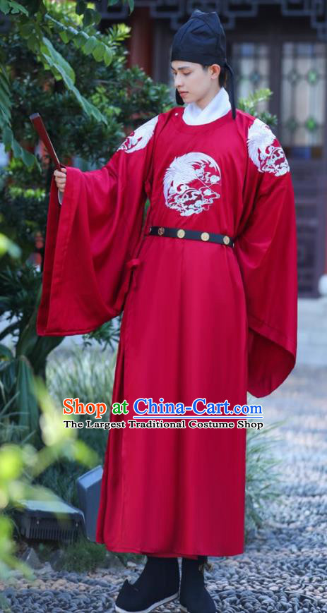 China Ancient Groom Wedding Costume Tang Dynasty Official Clothing Traditional Hanfu Wine Red Crane Robe