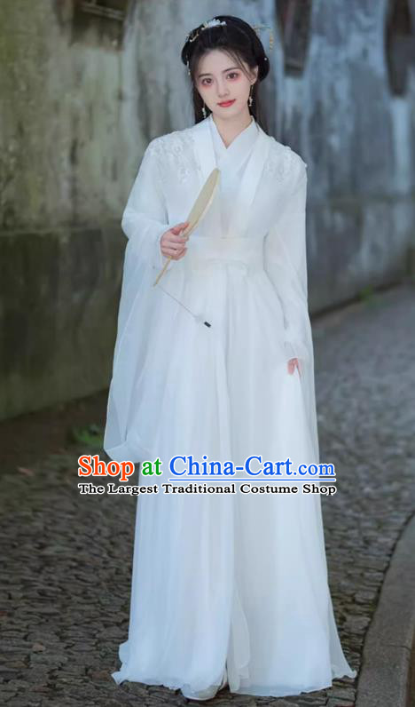 China Jin Dynasty Woman Costumes Traditional Hanfu White Dress Ancient Xianxia Swordsman Clothing