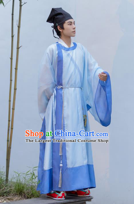 China Ming Dynasty Scholar Costumes Traditional Hanfu Blue Robe Ancient Young Man Bachelor Clothing