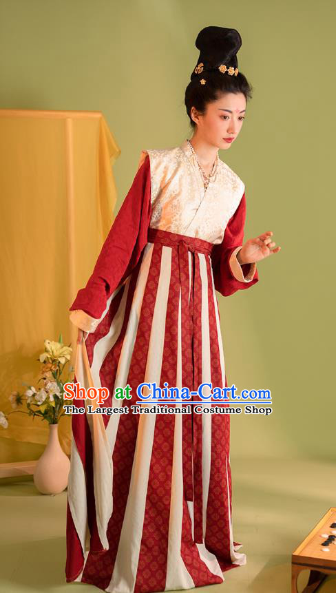 China Tang Dynasty Princess Gao Chang Costumes Ancient Palace Lady Clothing Traditional Hanfu White Beizi Red Blouse and Skirt Set