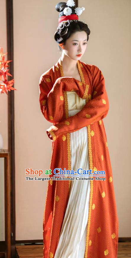 China Southern Song Dynasty Empress Costumes Ancient Noble Woman Clothing Traditional Hanfu Red Beizi Top and White Skirt Set