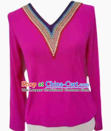 Rose Red China Xinjiang Dance Costume Stretch Mesh T-shirt Bottoming Shirt Long Sleeve Slim Fit