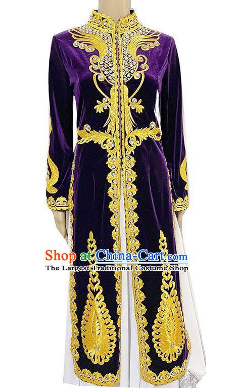 Purple China Xinjiang dance stage performance long vest with ruffles