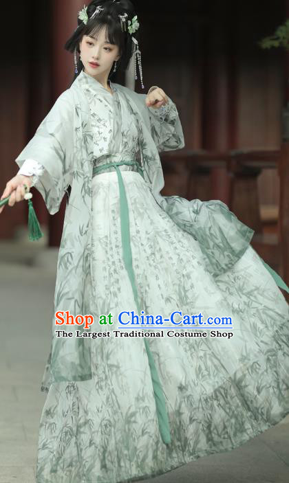 Chinese Ancient Swordsman Costumes Ming Dynasty Young Lady Clothing Traditional Ink Calligraphy Green Hanfu Dress