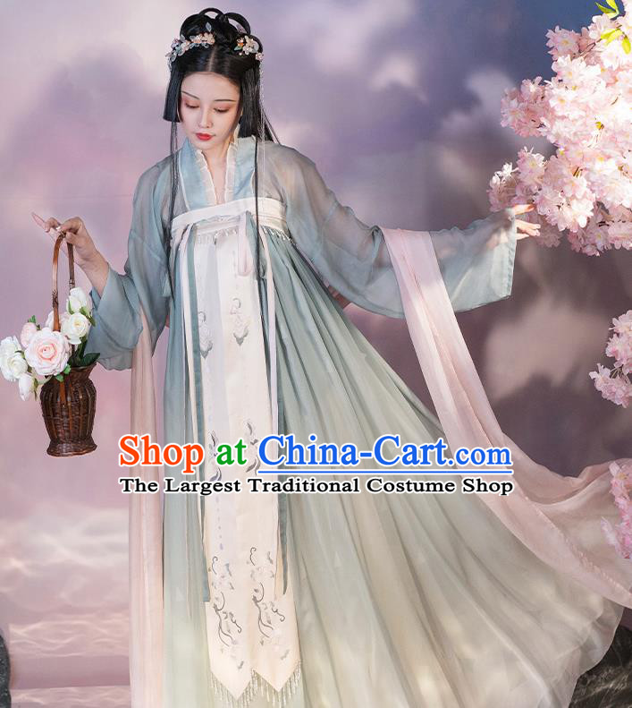 Chinese Tang Dynasty Princess Green Hanfu Dress Traditional Garment Costumes Ancient Flower Fairy Clothing