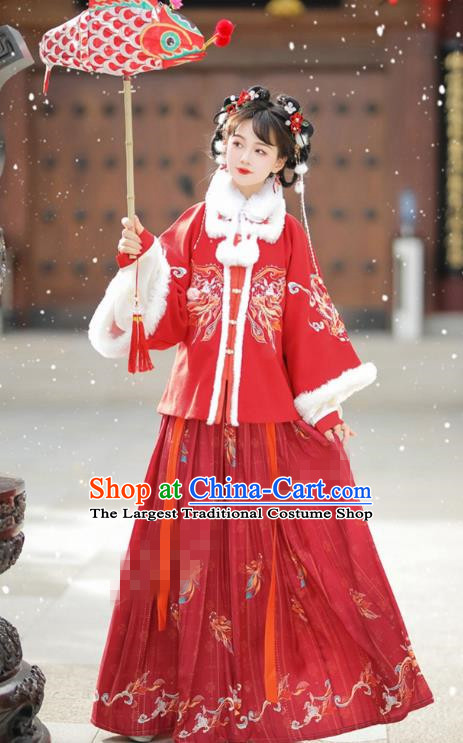 Chinese Ming Dynasty Young Lady Costumes Traditional Winter Red Dresses Ancient Female Clothing