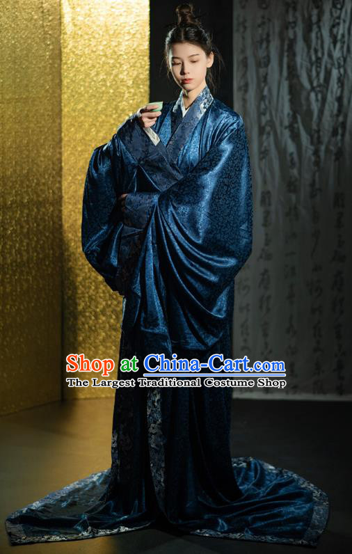 Chinese Traditional Han Fu Qin Dynasty Prince Blue Straight Front Robe Ancient Swordsman Clothing