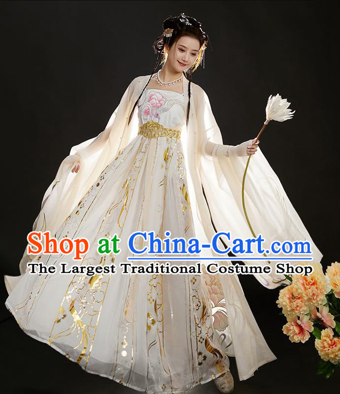 Chinese Ancient Moon Goddess Garment Costumes Tang Dynasty Princess Clothing White Hanfu Dresses Ru Qun and Cape