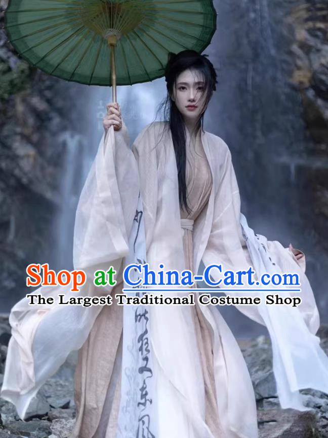 Chinese Jin Dynasty Princess Garment Costumes Beige Hanfu Dresses Ruqun Ancient Female Swordsman Clothing