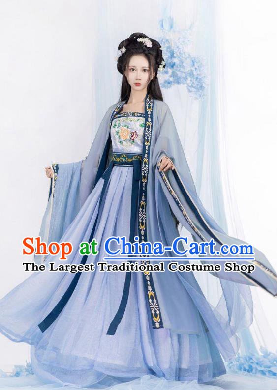 Chinese Ancient Palace Woman Blue Dresses Tang Dynasty Imperial Princess Garment Costumes Ruqun Hanfu Clothing