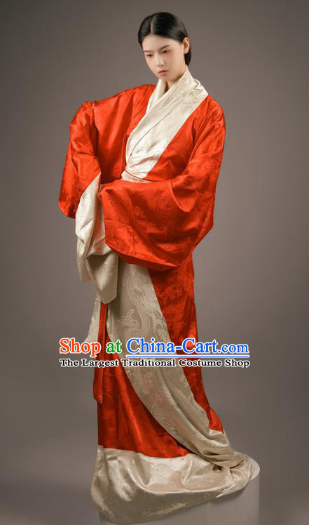 Chinese Traditional Han Fu Straight Front Robe Red Dress Han Dynasty Court Maid Clothing Ancient Palace Lady Costume