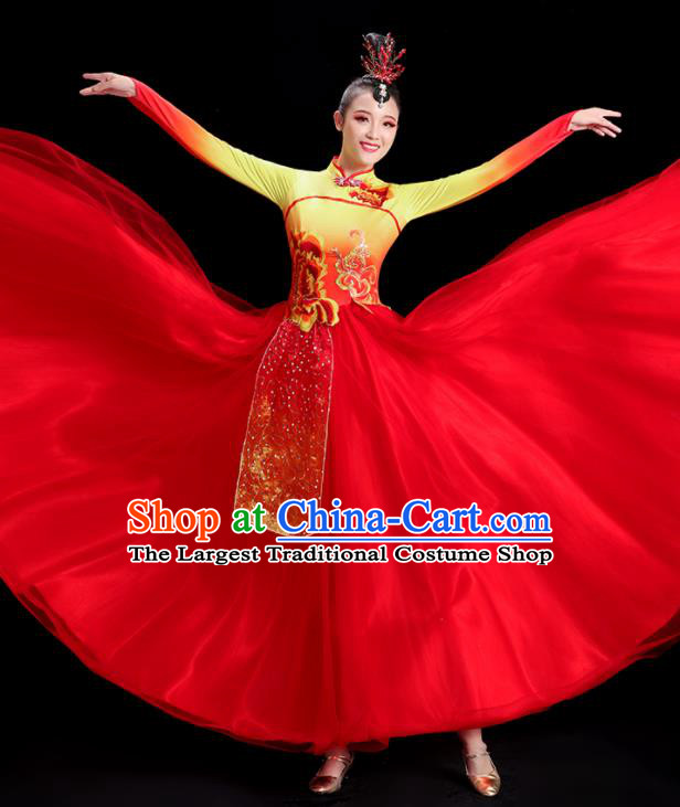 Chinese Folk Dance Costume Spring Festival Gala Opening Dance Red Dress Women Group Dance Clothing