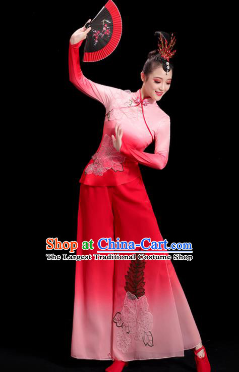 China Women Group Stage Show Red Uniform National Yangko Dance Costume Folk Dance Fan Dance Clothing