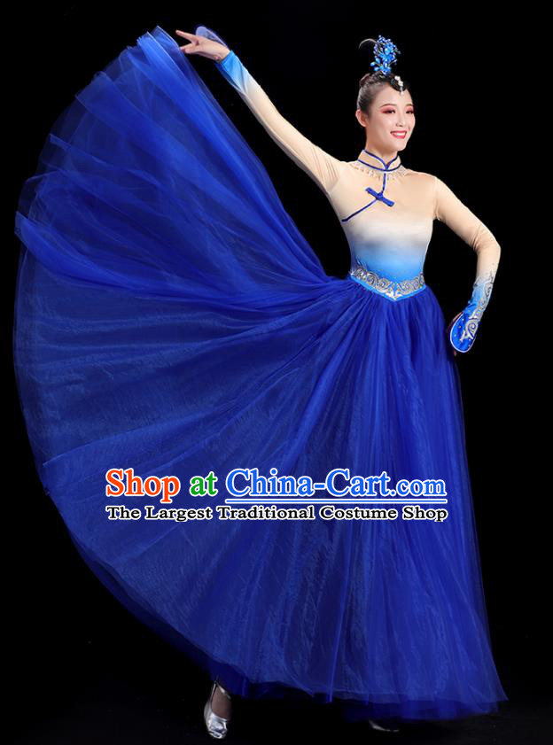 China Women Group Stage Show Royal Blue Dress Yangko Dance Costume Mongolian Ethnic Dance Fashion Opening Dance Clothing