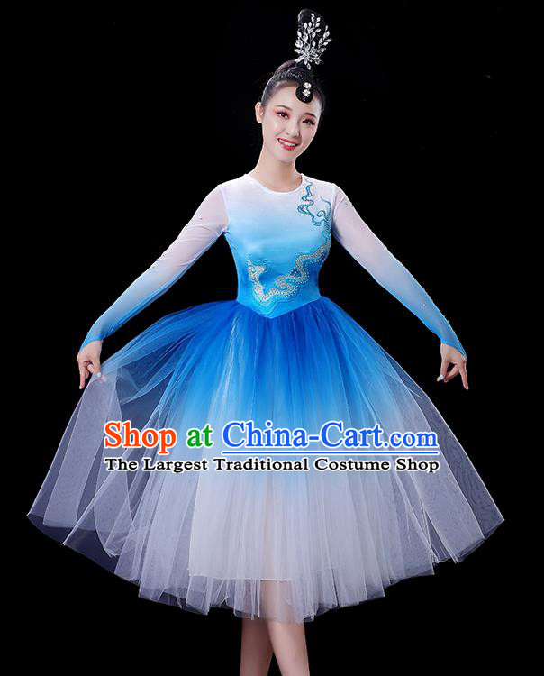 China Chorus Clothing Opening Dance Fashion Women Group Stage Show Blue Dress Modern Dance Costume