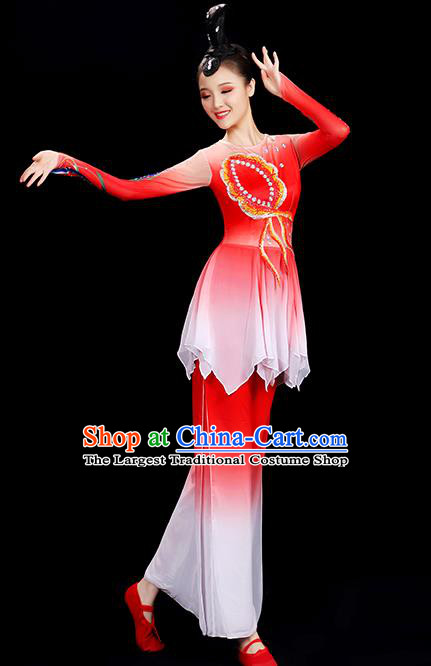 Top Women Group Stage Show Fashion Fan Dance Costume Yangko Dance Red Outfit Folk Dance Clothing