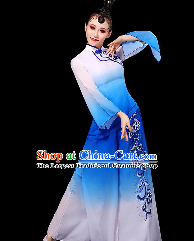 China Fan Dance Clothing Yangko Dance Gradient White Blue Outfit Women Group Stage Show Costume Modern Dance Fashion