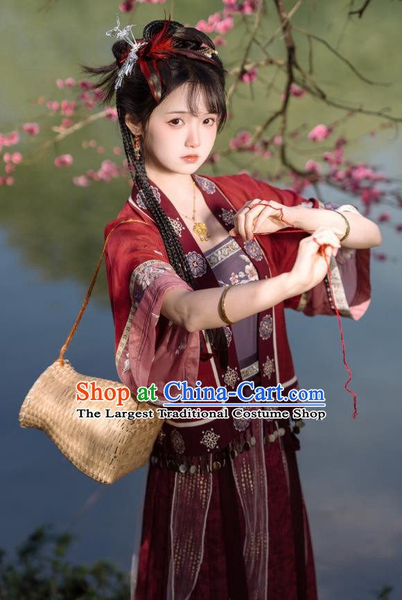 China Traditional Civilian Red Hanfu Dresses Ancient Village Girl Clothing Song Dynasty Young Woman Costumes