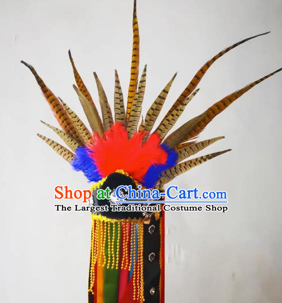 China Sacrifice Dance Headwear Drama God Feather Hat Handmade Nuo Opera Master Headpiece