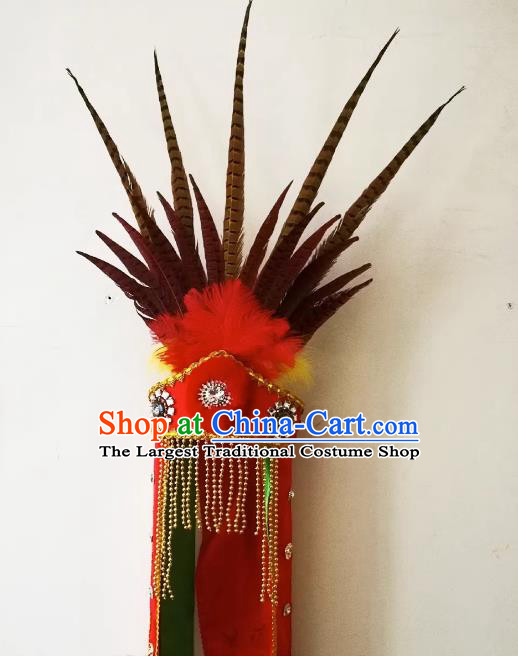 China Handmade Nuo Opera Master Headpiece Sacrifice Dance Headwear Drama God Feather Red Hat