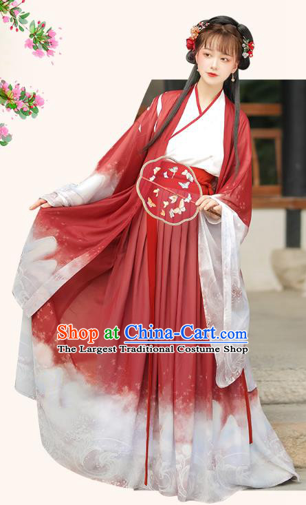 China Ming Dynasty Red Garment Costumes Traditional Swordswoman Hanfu Dresses Ancient Young Lady Clothing