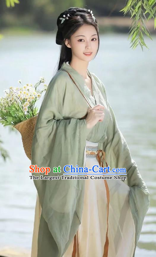 Ancient Jin Dynasty Young Woman Clothing China Country Lady Costumes Traditional Green Hanfu Dress