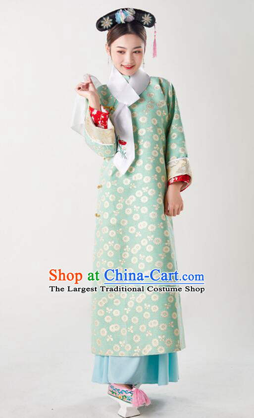 China Ancient Palace Lady Costumes Qing Dynasty Princess Clothing Green Qipao