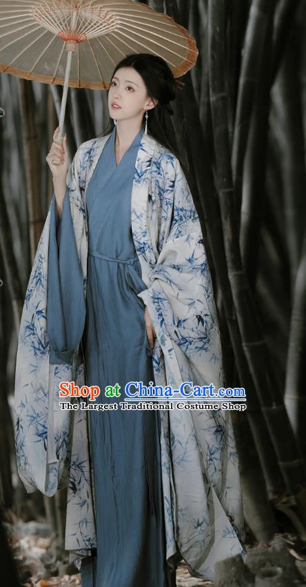 China Traditional Hanfu Printing Bamboo Clothing Ancient Young Woman Costume Jin Dynasty Female Swordsman Dresses