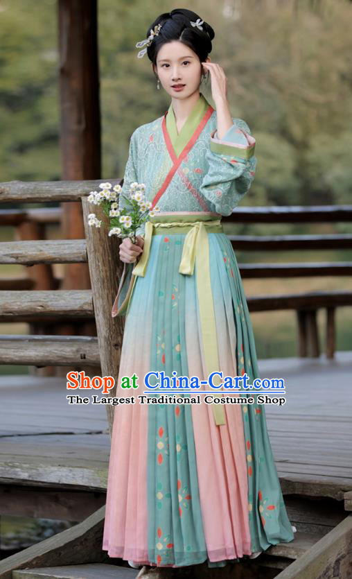 China Ancient Young Woman Green Dresses Jin Dynasty Female Clothing Traditional Hanfu Blouse and Skirt Complete Set