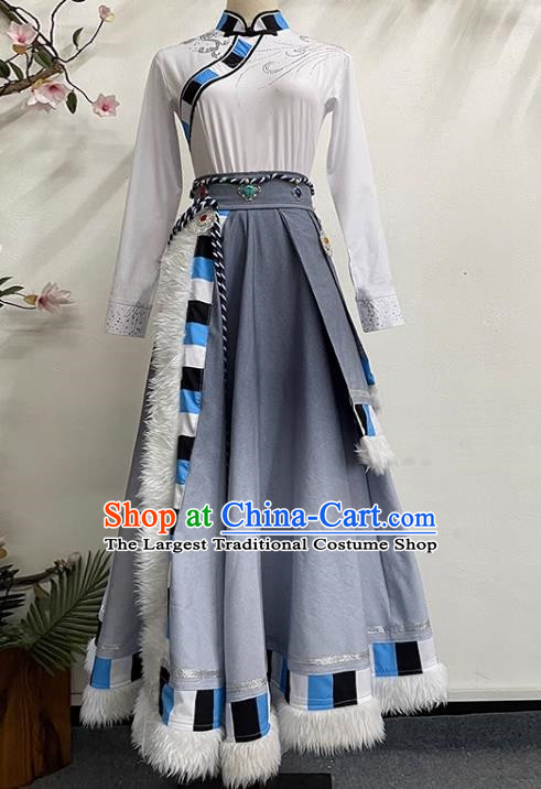 White Gray Tibetan Dance Women Big Swing Skirt Tibetan Clothing Minority Practice Clothing Art Test Practice Performance Clothing