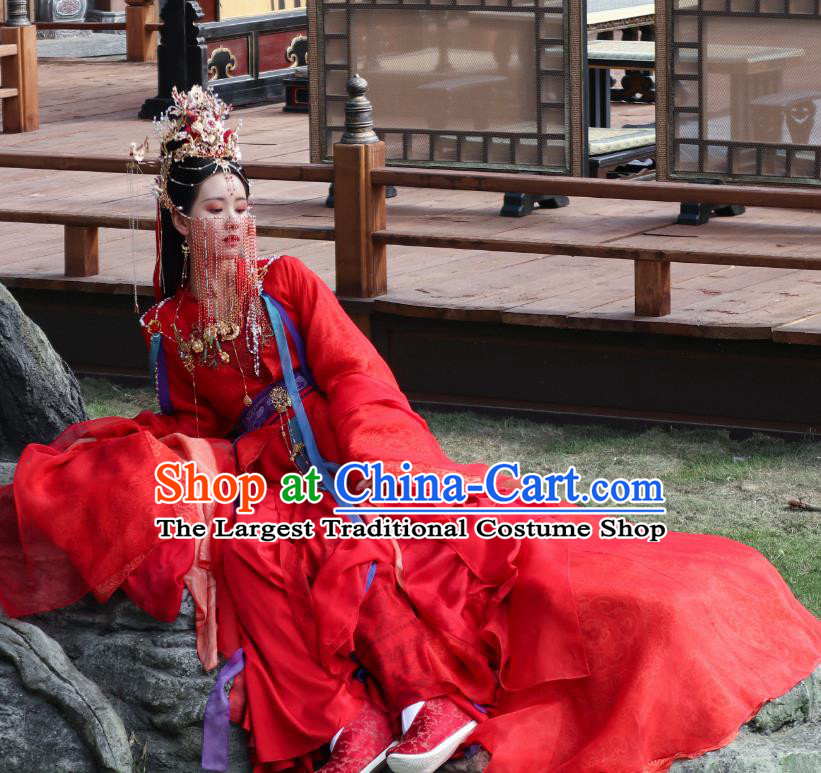 China Ancient Fairy Red Garment Costumes Xianxia Drama Till The End of The Moon Goddess Ye Bingchang Red Dresses