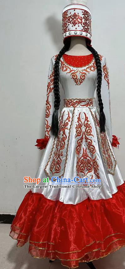 China Kazak Nationality Dance Clothing Taoli Cup Xinjiang Ethnic Dance White Dress Woman Solo Stage Performance Costume and Headwear