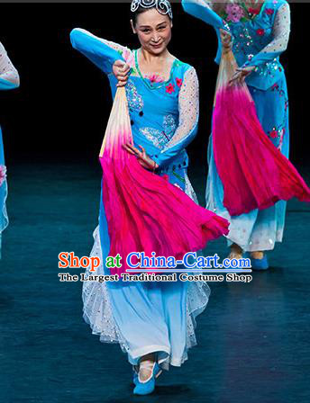 China Women Group Stage Performance Costume Fan Dance Clothing Taoli Cup Yangko Dance Blue Outfit