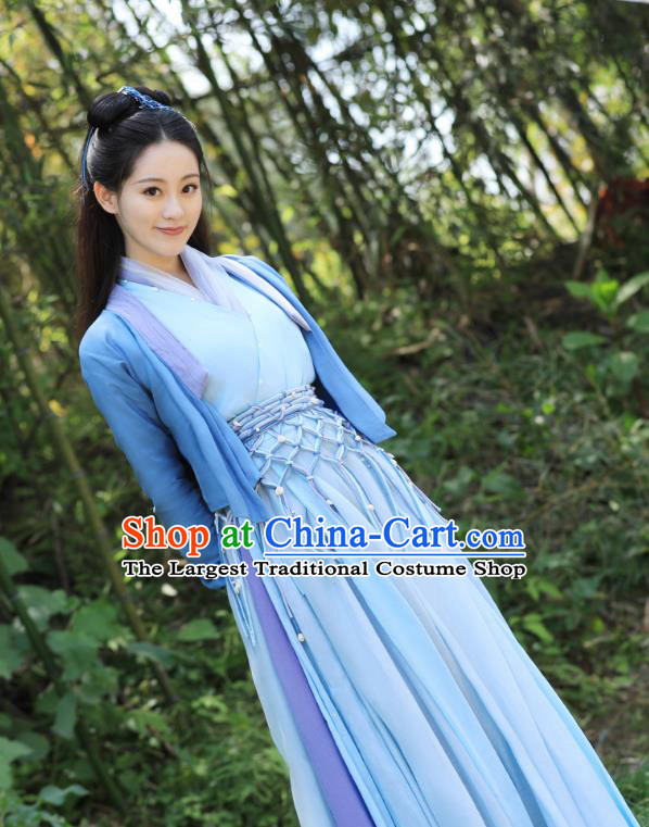 Romantic TV Series Miss The Dragon Goddess Liu Ying Blue Dress China Young Lady Hanfu Clothing Ancient Swordswoman Costumes