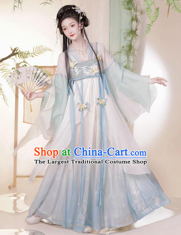 Chinese Tang Dynasty Princess Costume Hanfu Hezi Qun Ancient Fairy Blue Dresses