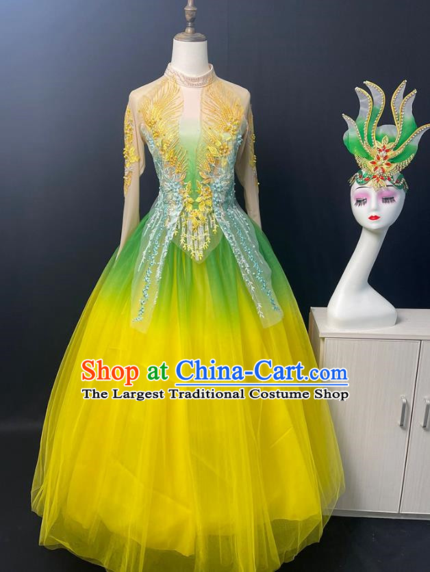 Yellow Green Opening Dance Performance Costumes With Large Swing Skirts Female Atmospheric Singing And Dancing Costumes Spring Story Dance Costumes